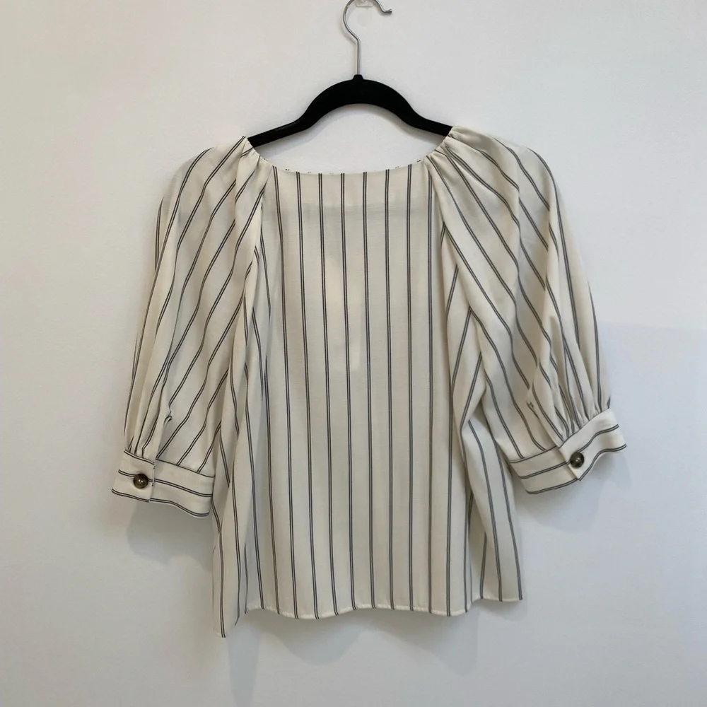 Zara Cream Striped Button-Front Puff Sleeve Top
